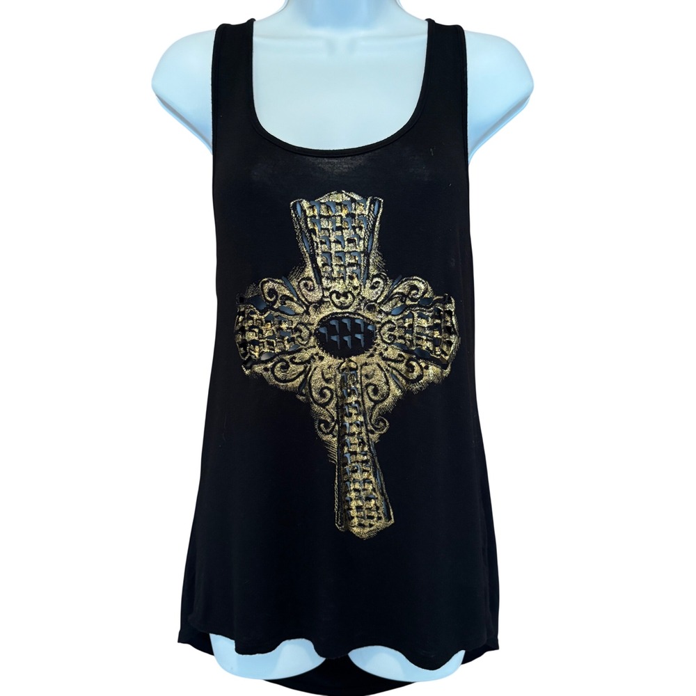 Y2K Cross Cutout Graphic Tank Top M Cage Back Edgy Rocker Indie Sleaze Mall Goth - Picture 2 of 9